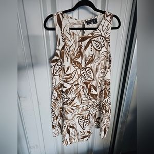 Tahari 100% Linen Sleeveless Shift Dress Tropical Hawaiian palm brown Women's L